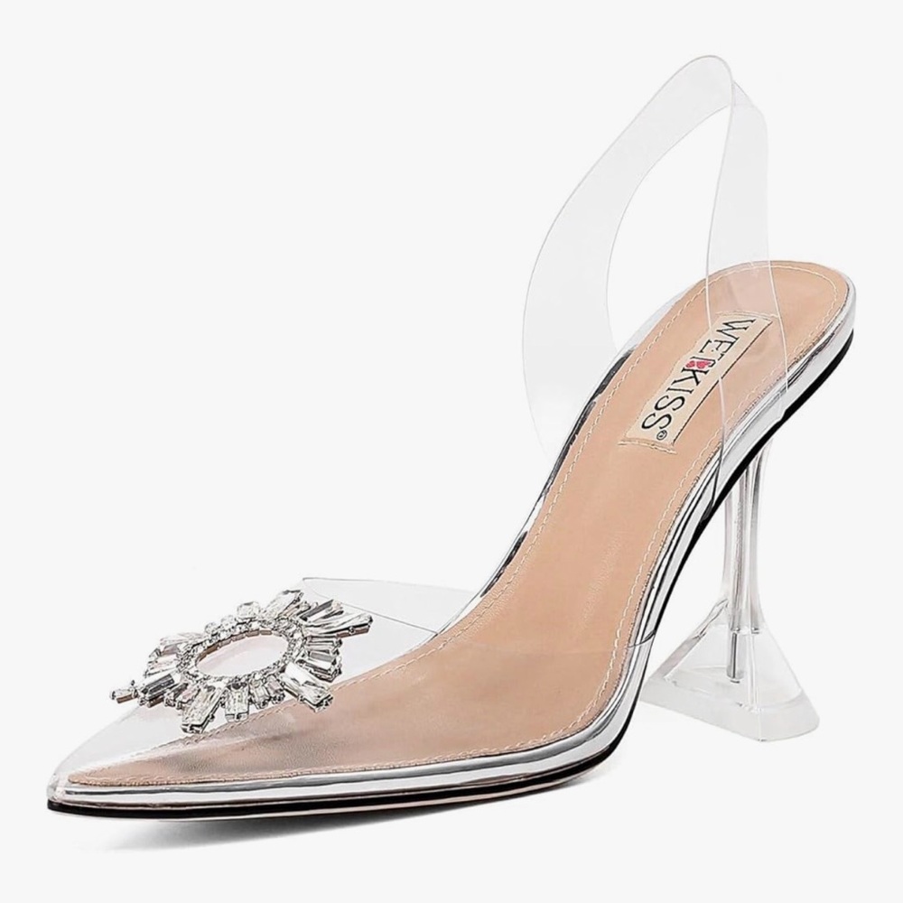 Clear PVC Pointed Slingback Pump with Rhinestone Accent - Nude